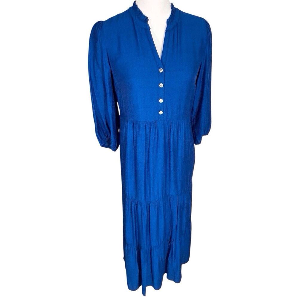 J Jill Tiered Maxi Dress Ruffle V Neck XS Oceanic Blue Peasant Boho Prairie